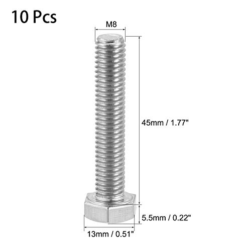 Image of 10 Pcs M8 Hex Bolt M8-1.25 x 45mm UNC Hex Head Screw Bolts A2-70(304) Stainless Steel Fully Threaded Hex Tap Bolts,Fully Threaded (M8 x 45mm)