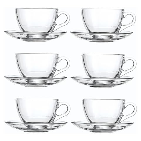 GURUDAR Glass Teacup and Saucer Set, 6 Pack Coffee Mug with Stainless Steel Spoon Suitable for Espresso Juice Cappuccino and More Beverage, 7OZ/210ML, Clear Cover
