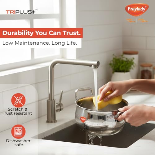 Image of Praylady Triplus+ Pro Belly Triply Handi | 18 cm 2.8 L | Belly Shape Cook & Serve Casserole | Induction Gas Ready | Biryani Rice Dal Curry Pot | Stock Pot | Stainless Steel Lid | Less Oil | Even Heat