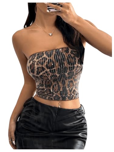 SOLY HUX Women's Leopard Print Sequin Tube Top Strapless Sleeveless Y2k Bandeau Crop Tops