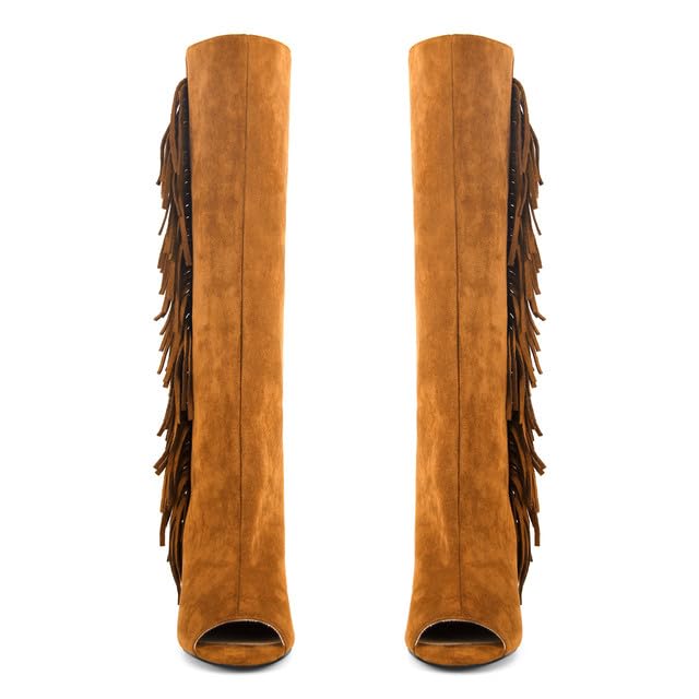 LISHAN Women's Peep Toe Block Heel Fringe Knee High Boots Tassel Long Boots3