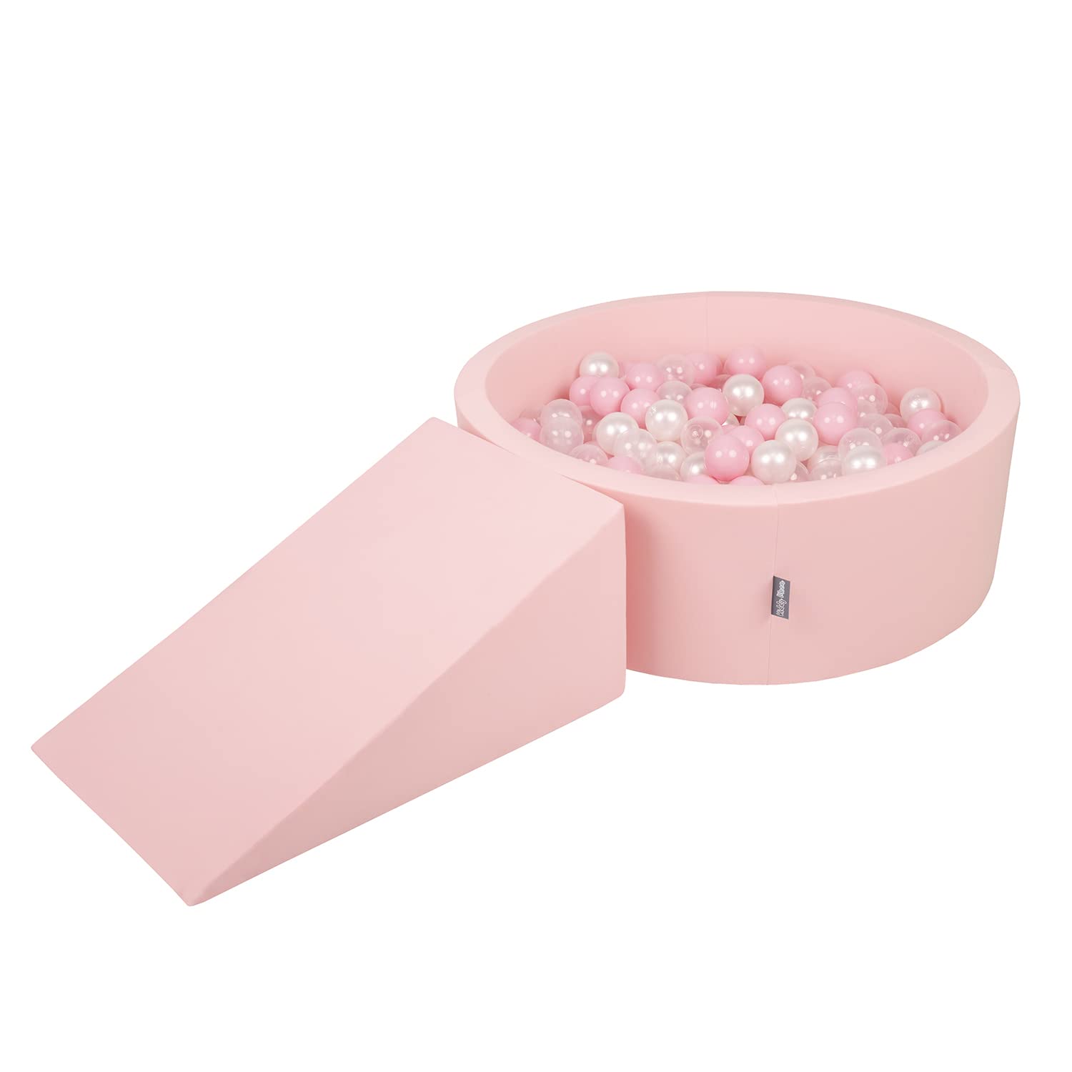 KiddyMoon Soft play set with ballpit 90x30cm and ramp 200 balls 7cm foam playground for babies and toddlers - Pink: Powder pink Pearl Transparent