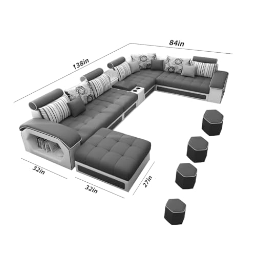 Image of Casaliving Yamir Modern U-Shaped Sectional Sofa Set with Storage, 9 Seater, Sofa Couch with 4 Puffy for Hall Guest Room (Pine & Grey) Premium Fabric Sofa Set