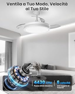Airwit 106cm Ventilatore da Soffitto con Luce e pale retrattili, Silenzioso Lampada Ventilatore da Soffitto con Telecomando e Motore DC per Camera da Letto, Cucina, Soggiorno, 6 Velocità (Bianco Pro)