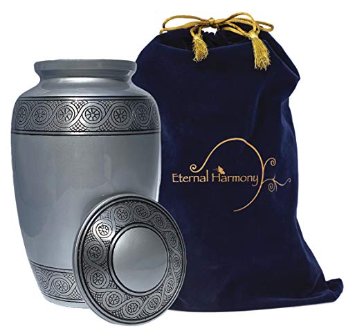 Eternal Harmony Cremation Urn for Human Ashes | Memorial Urn Carefully Handcrafted with Elegant Finishes to Honor and Remember Your Loved One | Adult Urn Large Size with Beautiful Velvet Bag (Silver)