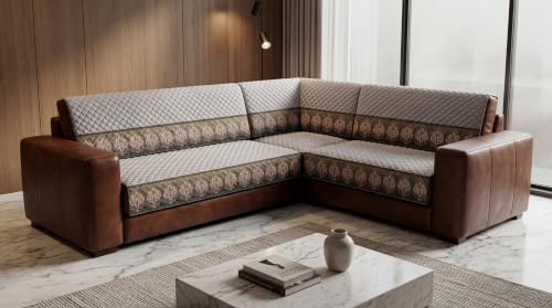 Image of KINGLY L-Shape Sofa Cover 7 Seater 4+3 Velvet Full Cover - Warm Grey | Fully covered quilted velvet slipcover, washable anti-slip furniture protector, L-type corner sofa cover for living room