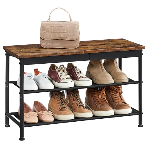 Image of VASAGLE Shoe Bench, Shoe Rack Bench for Entryway, with 2 Fabric Storage Shelves, Holds 6-8 Pairs, Rustic Brown and Black ULHS100B01