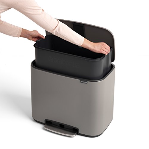 Image of Brabantia Bo Step-On Pedal Trash Can - 9.5 Gal Inner Bucket (Mineral Concrete Gray) Waste /Recycling Garbage Can, Removable Compartments + Free Bags