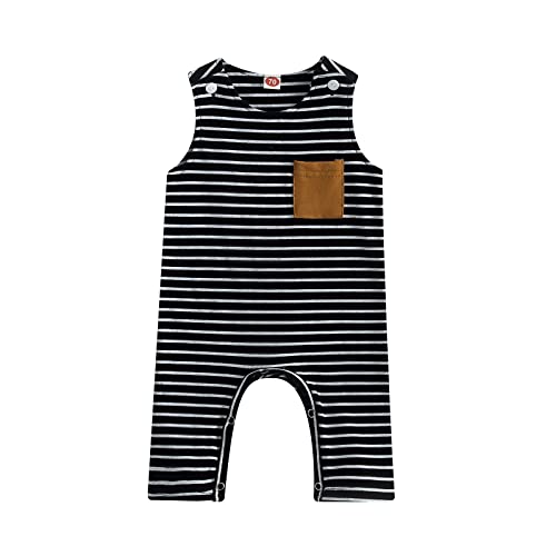 Infant Baby Girl Boy Summer Outfit Cute Sleeveless Sun Striped Printing One Piece Romper Bodysuit Jumpsuit (Black,6-12 Months) #TOP27