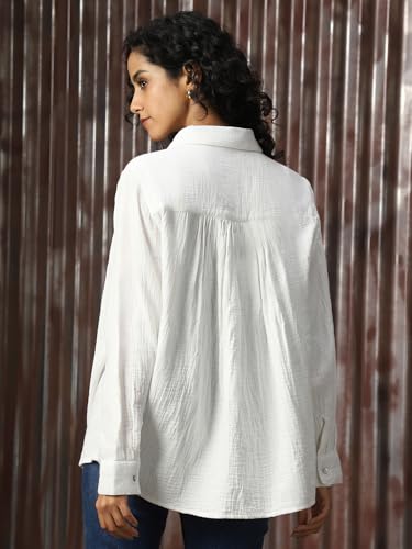 Image of High Star Women Cotton Solid Oversized Fit Casual Collar Full Sleeves Shirts