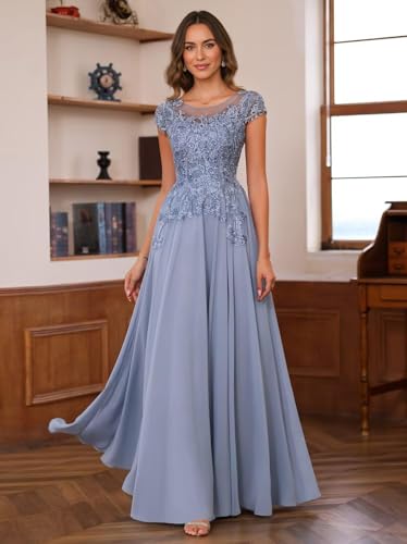 Image of Lace Applique Chiffon Mother of Bride Dresses - Short Sleeve Pleated Long Mother of The Groom Dress
