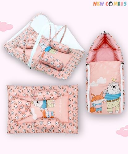 Image of NEW COMERS Baby Bedding Set for New Born Cotton 6 Pieces Foldable Set with Pillow Bolster Mosquito Net | Baby Playmat and Cot |Toddler Mattress - 85X52X6 cm (Upto 18 Months) | (Peach)