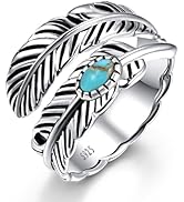 AVECON 925 Sterling Silver Ring Feather Ring/Feather Black Onyx Rings/Feather Turquoise Rings Adj...