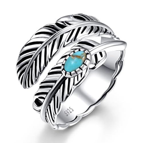 AVECON 925 Sterling Silver Ring Turquoise Rings Adjustable Feather Ring with Turquoise Stacking Ring Vintage Statement Ring for Women & Men