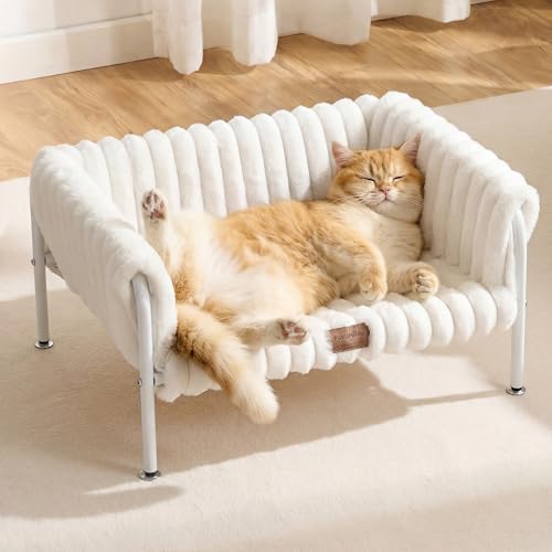 FUKUMARU Elevated Cat Couch Beds for Indoor Cats Sturdy Metal Frame Cat Hammock Bed with High-Density Foam Cushion Removable Washable Fluffy Cover Breathable Raised Dog Bed & Cat Sofa Chair Cream