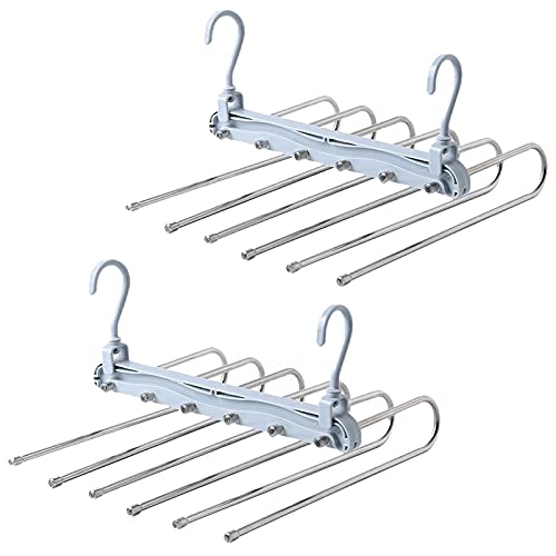 Perchas Pantalones Ahorra Espacio ,6 en 1 ,Perchas de Acero Inoxidable para Pantalones ,Percha Plegable Pantalones ,Organizador de Armario para Pantalones Bufandas Corbatas Gris Azul ,2 Pieza Cover