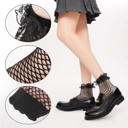 Image of 4 Pairs Fishnet Socks Fish Net Sock Women Summer Sheer Socks For Women Ankle Ruffle For Ladies Princess Gift Daily Wear Parties Black White Fish Net Ruffle Sock