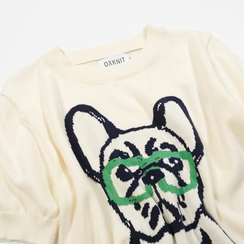 Women's Knitted T-Shirt Short Sleeve, 1960s Mod Style Hand-Drawn Dog Pattern Crewneck Tops White3