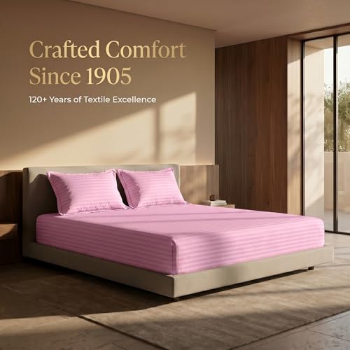 Image of Mafatlal Italian Strip King Size Bed Sheet Cotton with 2 Pillow Covers| 210 TC Pure Cotton Flat Bedsheet Pink | 108 x 108 Inches | Soft & Durable