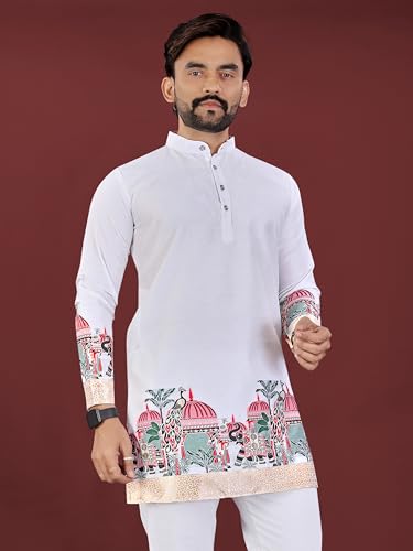 Image of Men's Cotton Silk Kurta with Jacquard Work Full Sleeves Floral Printed Side Slit and Mandarin Collar Neck | Kurta Pajama Set for Men Cotton Wedding | Short Kurta for Men