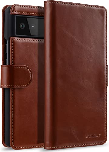 Coque Google Pixel 6 cuir véritable STILGUT étui chic marron cognac