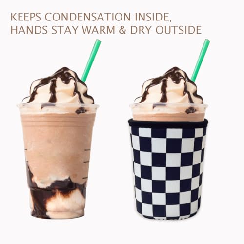 Image of Reusable Insulated Neoprene Iced Coffee Cup Sleeve, Durable Drink Sleeve for Cold Beverages, Beverage Holder for Iced Coffee (Checker Grid)