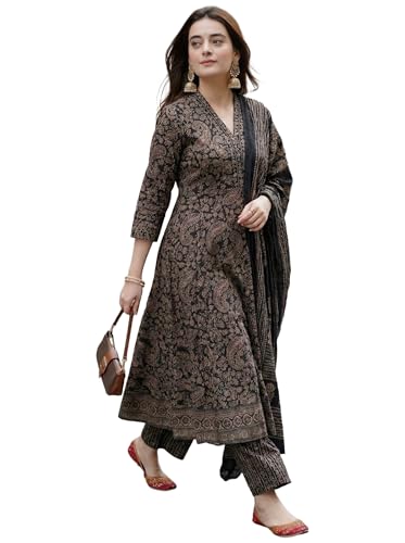 Image of ANNI Designer Women Printed Anarkali Kurta Palazzo Dupatta Set | Viscose Blend Ethnic Outfit | Flared Kurti with Bottom Wear