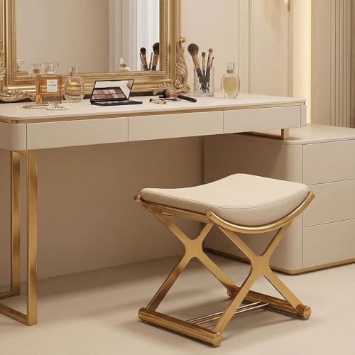 CHSSIH Vanity Stool Chair for Makeup - Small Backless Leather Stool for Vanity - Modern Ottoman Bench Seat with Metal X Legs, Footstool for Bathroom & Living Room - Gold