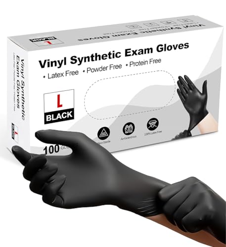 PROMART Black Vinyl Disposable Gloves - Powder and Latex Free Medical Exam Gloves Black Industrial Grade Non-Sterile Food Safe Disposable Gloves Cooking & Cleaning Box of 100 (100 LARGE)