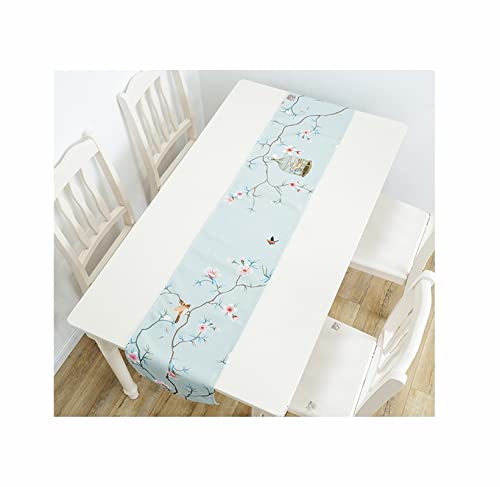 Agobel Table Runner, Chemin de Table Western Polyester Fleur de Prunier et Oiseaux Tischlaufer Bleu Clair 230X32CM(90"X13") Cover