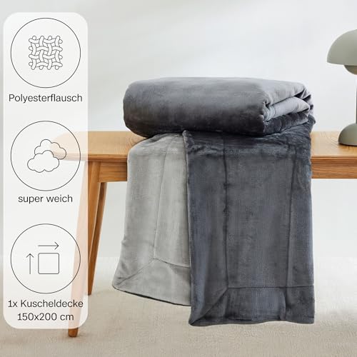 s.Oliver Doublesoft Kuscheldecke 150x200 - super kuschelig & warm, Polyesterflausch Decke grau hellgrau