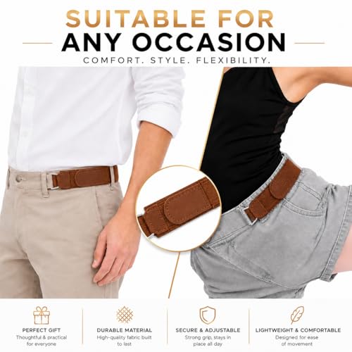Image of PUJI Buckleless Belt for Men & Women - Elastic Stretch Waist Belt with Metal Hook, Invisible Everyday Work Belt, Black, Brown, White (2 pcs)