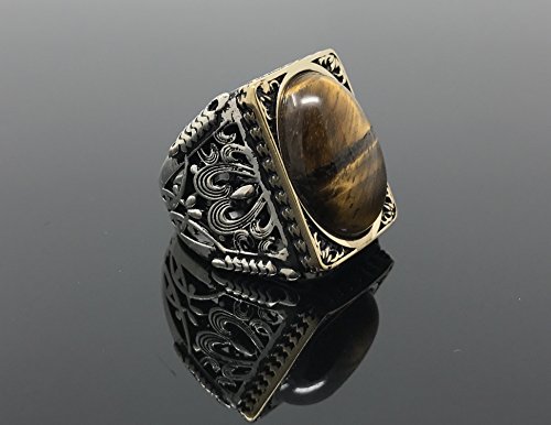 Kar 925K Stamped Sterling Silver Tiger Eye Men's Large Ring I1P (8) #TOP7