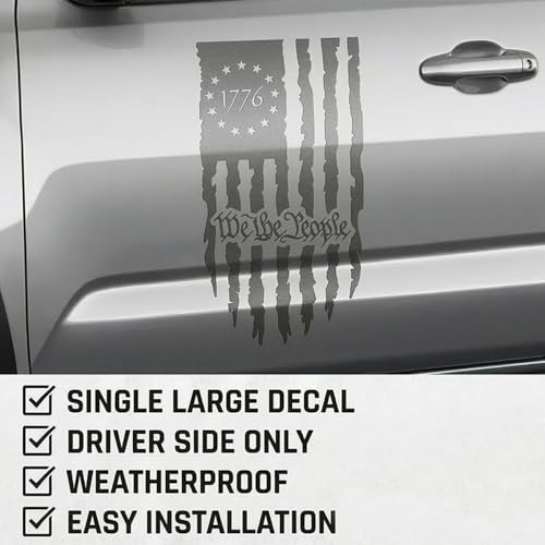 Image of GRITKULTURE We The People Distressed American Flag Decal Vinyl for Trucks, Cars, Tailgate, Windows Preamble of The US Constitution fits Most Pickup Trucks-Rear USA Flag Car Sticker (Metallic Grey)