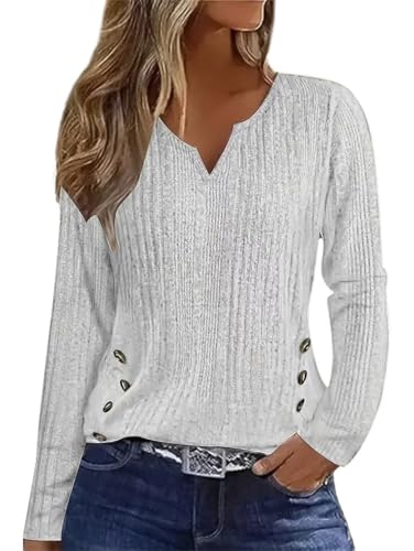 Image of Flamingals Women's Sweaters V Neck Casual Long Sleeve Lightweight Pullover Tops Light Gray XL