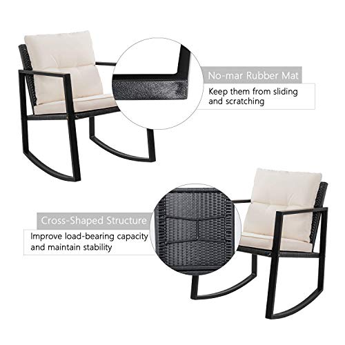 Flamaker Patio Chairs 3 Piece Wicker Rocking Chair Outdoor Bistro Sets With Coffee Table And Cushions Metal Frame Patio Furniture For Porch, Balcony, Lawn (White) #TOP2