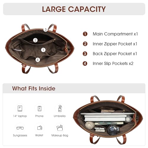 Image of Kattee Vintage Genuine Leather Work Tote for Women | Spacious interior with a zip compartment for organized work, travel, and everyday essentials.