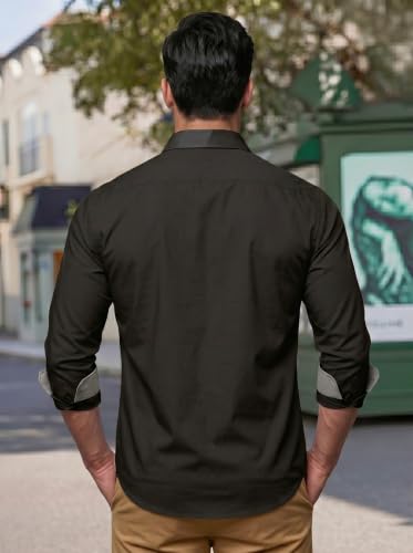 Image of Men's Cotton Blend Shirt with Solid Long Sleeves Spread Coller Neck Regular Fit Single Chest Pocket and Standard Length | Cotton Casual Shirt for Man