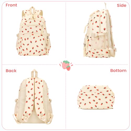 Image of Coquette Strawberry Backpack - Cute Kawaii Backpack Set Aesthetic Daypack Aesthetic Rucksack (B03 Strawberry Beige)