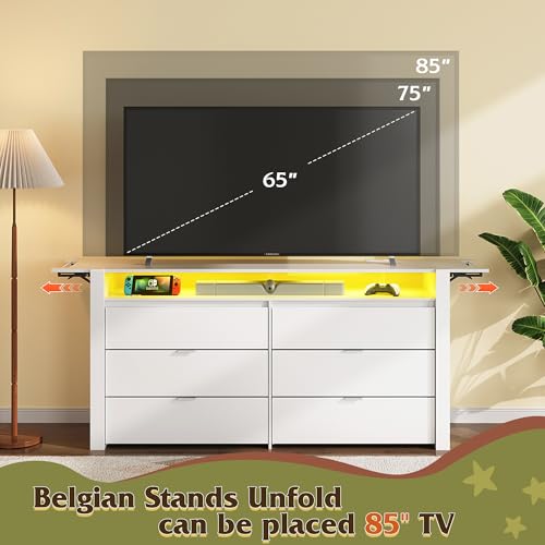 WLIVE 78 Inch Dresser for Bedroom, Large Chest of Drawers Expandable White Wood Dresser from 5'3" to 6'5'' with Flexible Shelves and Hanging Rack, Led Dressers for Living Room (85'' TV)
