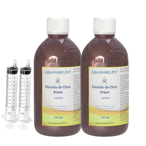 Dióxido de Cloro 3000 ppm | 250ml + 250ml = 500ml | Pack Ahorro | Activado sin residuos | para desinfección de Agua | Botella de Vidrio ámbar | Uso Seguro registrado UE