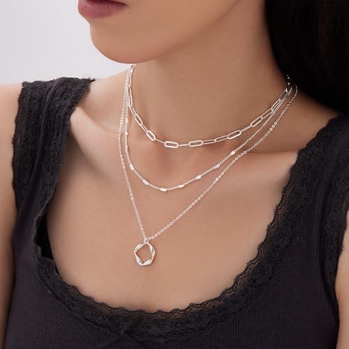 Poxtex Silver Layered Necklaces For Women,925 Sterling Silver Dainty Stackable Choker Necklaces For Women,Trendy Layering Circle Paperclip Chain Pendant Necklace Set Jewelry Gifts For Women thumb #2