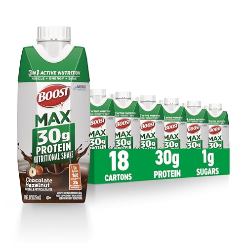 Image of BOOST MAX Protein Shakes Ready to Drink - 30g High Protein Shake - Hazelnut | Nutritional Drinks to Support Muscle Recovery After Exercise, 26 Vitamins & Minerals, 1g Sugar, 11 fl oz (Pack of 18)
