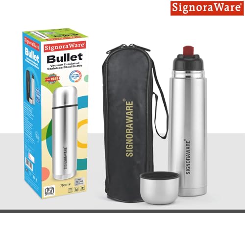 Image of SignoraWare Bullet Stainless Steel Vaccum Insulated ISI Certified Cola Bottle with Protective Cover | Airtight & Leakproof | Hot & Cold for Hours | Durable Flask for Outdoor Use (750ml | Steel)