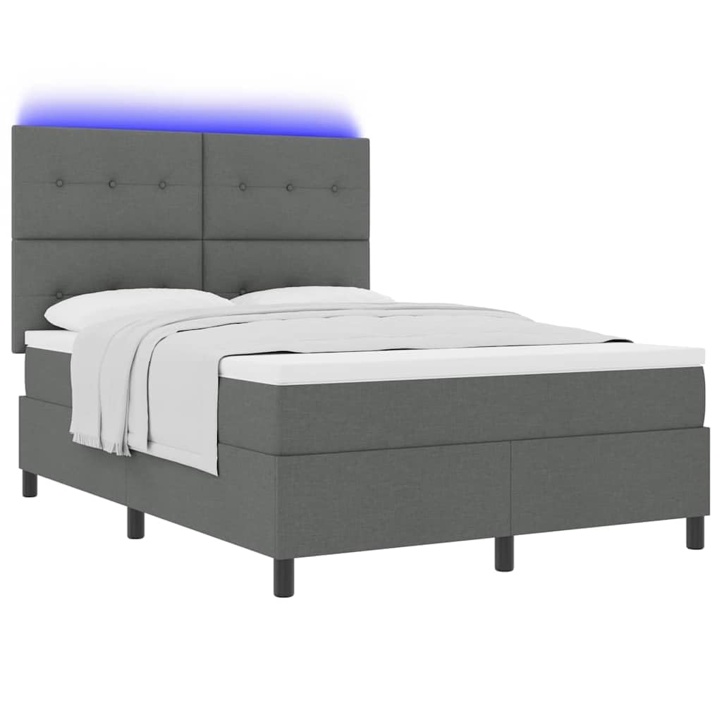 Cama con somier con cabecero gris oscuro de 140 x 190 cm, tejido de firmeza media, cabecero de altura regulable, tiras LED, marco de madera, alimentación USB