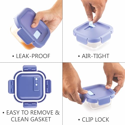 Image of WARMEO BOROFRESH 2 pc Square Borosilicate Glass Container (325 ml Each) | Leakproof, Microwave & Dishwasher Safe Lunch Box with Bag for Office, College & School