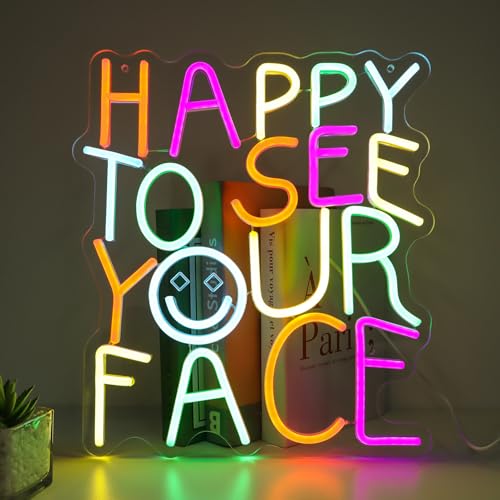 Image of Happy to See Your Face Neon Sign for Kindergarten - Dimmable Multicolor Welcome Light with Wired Controller, 14.2x12.6 in, Includes 4 Wall Anchors - Teacher Appreciation Gift