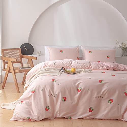 Pink Strawberry Bedding Duvet Cover Queen Kids Girl Kawaii Anime Bedding Set Japanese Style Strawberry Comforter Cover For Child Teen Women Cartoon Strawberry Duvet Cover With 2 Pillowcases #TOP3