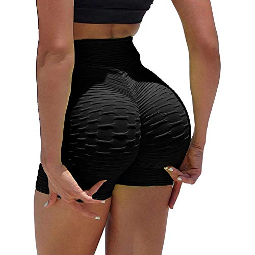 FULA-bao Famous TIK Tok Leggings Textured Yoga Shorts for Women High Waist Ruched Bubble Butt Lifting Booty Shorts Biker Shorts (B Black, M)