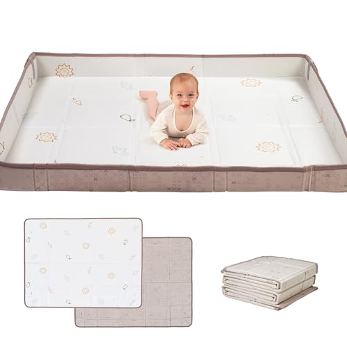 Image of Taf Toys Foldable Soft Foam Baby Play Mat Waterproof Reversible Kids Play Mat for Floor Soft Foam Playmat Babies & Toddlers Extra Large 59.1"×71" Double-Sided Mat with Fold-Up Sides - Off White